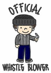 Cartoon referee character with a whistle, colorful black and white striped shirt, and playful text saying 'OFFICIAL WHISTLE B
