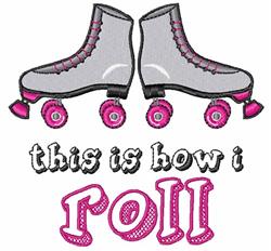 Gray roller skates with vibrant pink wheels, featuring the phrase 'this is how I roll' in colorful, playful text.