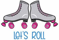 Grey roller skates with bright pink wheels and 'LET'S ROLL' text in playful blue, perfect for kids' designs.