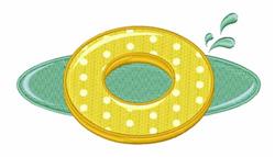 Playful yellow rubber ring float with polka dots, blue-green background, and lively water splashes, perfect for summer.
