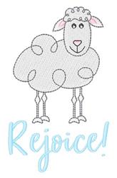Playful, cartoonish sheep with pink ears and fluffy body, featuring the word 'Rejoice!' in blue, perfect for Easter.