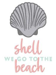 Stylized grey shell with playful text 'shell we go to the beach' in pink and teal, perfect for summer tote bags.