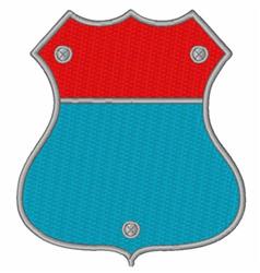 Modern shield shape design with red top and blue bottom, accented in silver. Simple and symmetrical.