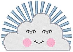 Playful smiling cloud with closed eyes and pink cheeks, surrounded by cheerful blue sunbeams in pastel colors.