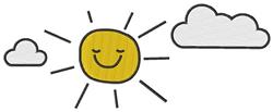 Playful sun with a smiling face surrounded by fluffy clouds and cheerful rays, perfect for spring and summer.