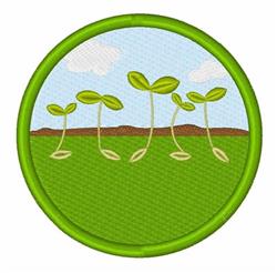 Cheerful sprouting plants with bright green leaves against a blue sky and brown soil, perfect for children's items.