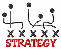 Playful strategy design featuring black abstract figures, bold red 'STRATEGY' text, and x marks.