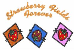 Playful strawberry design with three colorful illustrations and vibrant 'Strawberry Fields Forever' text.