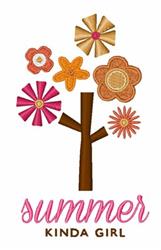 Stylized tree with a brown trunk and vibrant pink, orange, and yellow flowers, featuring playful summer text.
