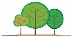 Stylized trees in vibrant green with textured leaves and simple brown trunks, perfect for cheerful embroidery.
