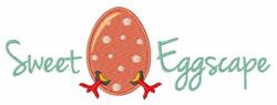 Colorful decorative egg with white polka dots and red chicken feet, featuring 'Sweet Eggscape' text, perfect for Easter.