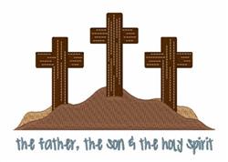 Three crosses in earthy tones with elegant script reading 'the father, the son & the holy spirit', ideal for Easter.