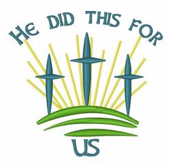 Three crosses in teal with bright yellow sun rays and green hills, conveying hope for Easter.