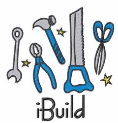 Colorful tools, including a hammer and pliers, arranged vertically with bold outlines and the playful text 'iBuild'.