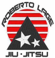 Geometric patch design featuring a bold black triangle, two stars, and curved text on a striped circular background.