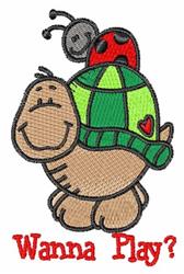 Cartoon turtle with a friendly smile, wearing a green striped hat, with a ladybug and ant perched on top.