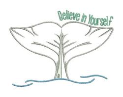 Inspirational whale tail merging into a tree trunk with 'Believe in Yourself' above, set against serene water.