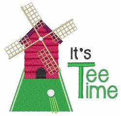 Playful windmill in vibrant pink with detailed blades and a green grassy base, featuring a golf ball and 'It's Tee Time' text