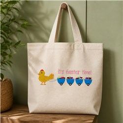 Cheerful yellow chick with colorful floral Easter eggs, festive design for Easter season.