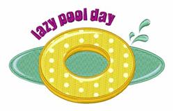 Playful yellow pool float with white polka dots against a vibrant green background, featuring 'lazy pool day' in purple.