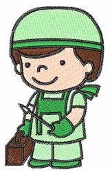 Cheerful boy in green uniform joyfully holding tools and a brown toolbox in a playful cartoon style.