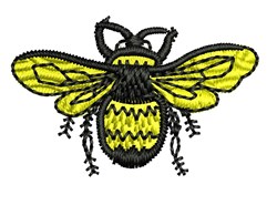 Applique bee with vibrant yellow and black colors, translucent wings, and intricate stitching for a playful look.