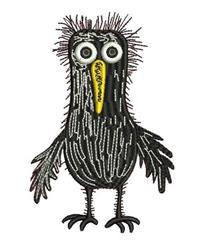 Playful cartoon crow with a shaggy black body, white eyes, and a vibrant yellow beak. Perfect for embroidery.