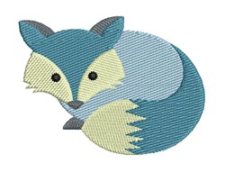 Playful fox curled in soft blues and yellows, featuring large eyes and a rounded shape in a whimsical style.