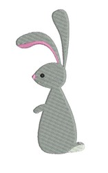Whimsical gray rabbit with pink-lined ears and rounded body, perfect for spring-themed decor.