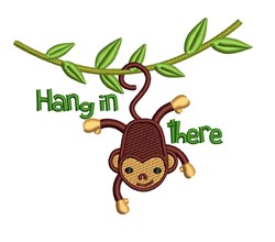Colorful monkey applique hanging from a green branch, surrounded by vibrant leaves, with 'Hang in there' text.
