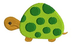 Cute turtle with a bright green shell and black polka dots, featuring a light brown head in a whimsical design.