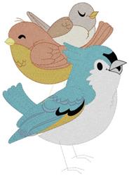 Applique blue jay and two smaller birds stacked playfully. Bright blue, brown, and yellow colors enhance the cheerful scene.