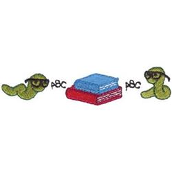 Playful green bookworms with glasses beside a stack of red and blue books, featuring letters ABC in a vibrant style.