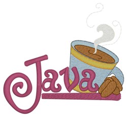 Colorful coffee cup with pink and purple 'Java' text, swirling steam, and a coffee bean, perfect for kitchen embroidery.