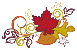 Colorful maple leaf surrounded by decorative swirling vines and yellow-green foliage, embodying the essence of fall.
