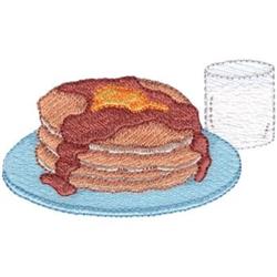 Fluffy stack of pancakes on a light blue plate, drizzled with syrup, and accompanied by a glass, whimsical and colorful.