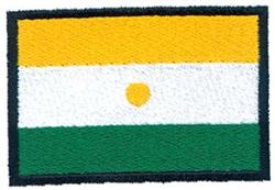 Rectangular flag with yellow, white, and green stripes, featuring a yellow circle, bordered in black.