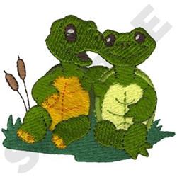 Cheerful turtles in green shades and a yellow shell on grass, capturing a playful spring scene.