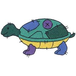 Playful turtle with a colorful patchwork shell, featuring a green body, bright yellow underside, and vibrant purple and blue