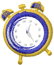 Colorful alarm clock design with gold and blue hues, white markers, and whimsical bells, perfect for home decor.