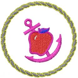 Applique red apple with a purple leaf and a playful pink anchor, framed in a braided circular border.