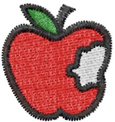 Colorful applique apple with a bite and green leaf, perfect for playful back to school themes.