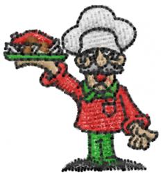 Playful baker chef in colorful attire holds a plate of delicious food, featuring a white chef's hat and bright red shirt.