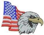 Realistic bald eagle head with sharp gaze, set against a waving American flag in red and blue. Perfect for Independence Day.