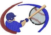 Baseball player in blue uniform swinging bat at detailed baseball, with dynamic red and blue swirls creating movement.