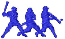 Bold graphic design featuring three silhouetted baseball players in dynamic batting poses against a contrasting background.