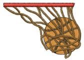 Basketball net in vibrant red with a rounded brown ball, featuring a cartoonish style and dynamic motion.