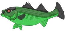 Cartoonish bass fish with a vibrant green body, dark green fins, and striking red eyes, perfect for playful decor.