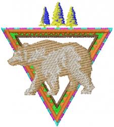 Colorful bear silhouette in a triangular frame with vibrant trees, ideal for nature-inspired embroidery.