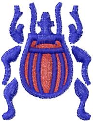 Colorful beetle with a rounded shape and elongated legs in vibrant purple and orange, featuring smooth curvilinear lines.